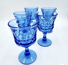 Vintage Fostoria Argus Blue Goblets Water Wine Glasses 6.5″ HFM Set of 5