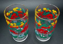 Vintage 2-Floral Tumblers Drinking Glasses 12 fl.oz Orange Red Yellow Blue Green
