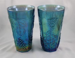 Two Indiana Glass Carnival Harvest Blue Grapes & Leaves 6″ Tumbler Glasses