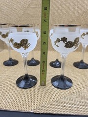 6 Wine glasses Frosted, Gold Trim, Black Base, Hand Painted Gold Flowers On Vine