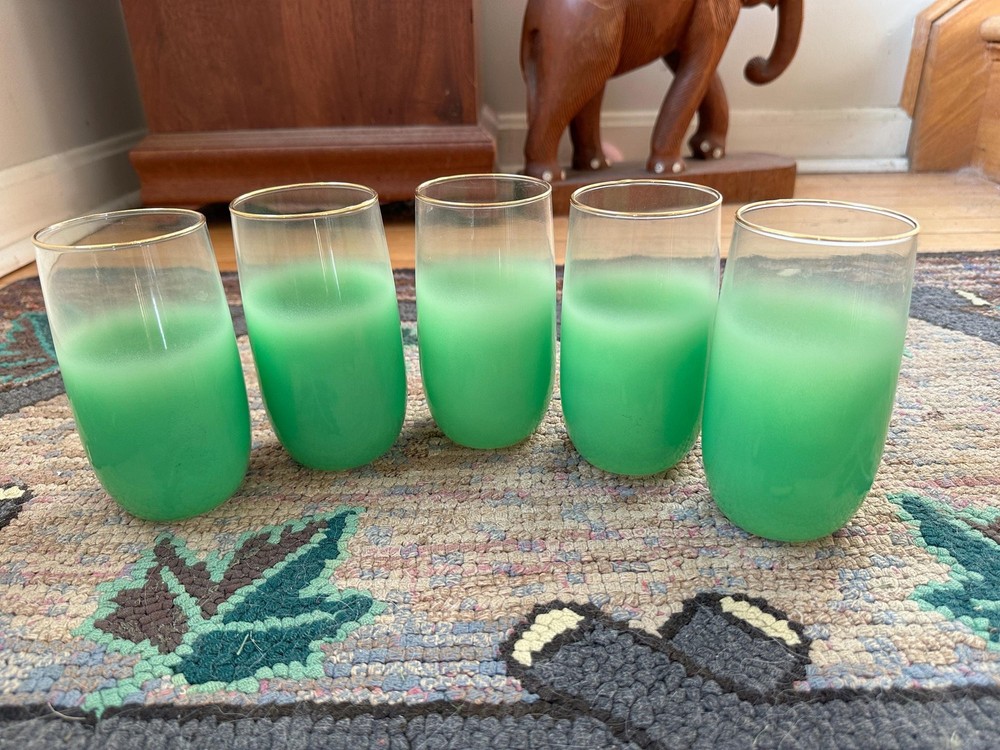 Vintage Blendo Green Frosted Tumblers: Gold Rim Barware, Set of 5