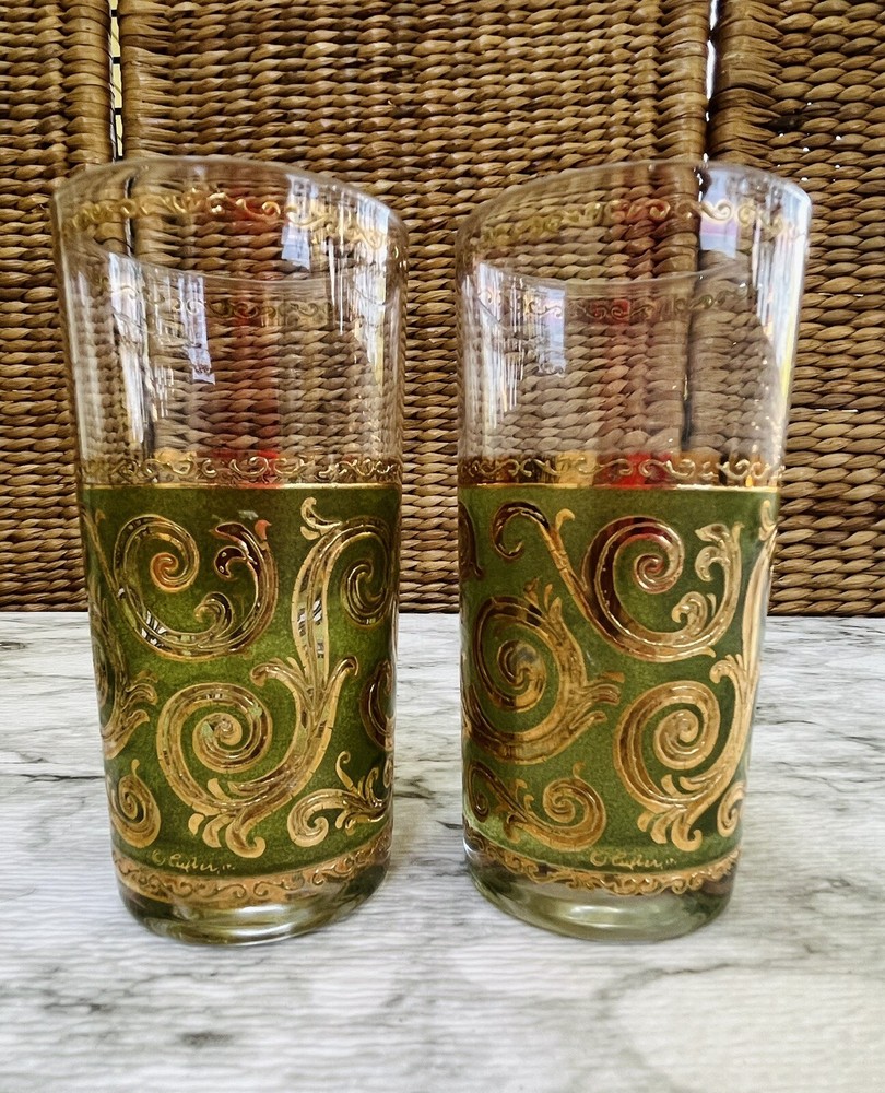 Mid Century Culver Toledo 22K Gold Highball Cocktail Drinking Glasses Set of 2