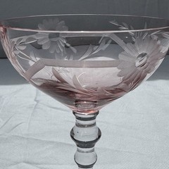 SET OF 6 VTG PINK DEPRESSION GLASS CHAMPAGNE / SHERBET ETCHED OPTIC FANCY STEM