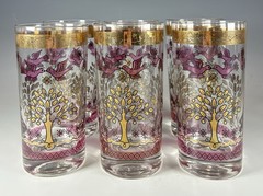 MCM Gay Fad Glasses Highball Tumblers Love Birds Trees 22k Gold Set Of 6