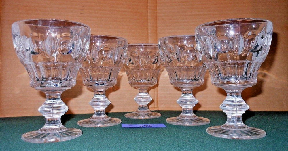 5 DUNCAN MILLER Clear Glass Vintage Plaza GOBLETS