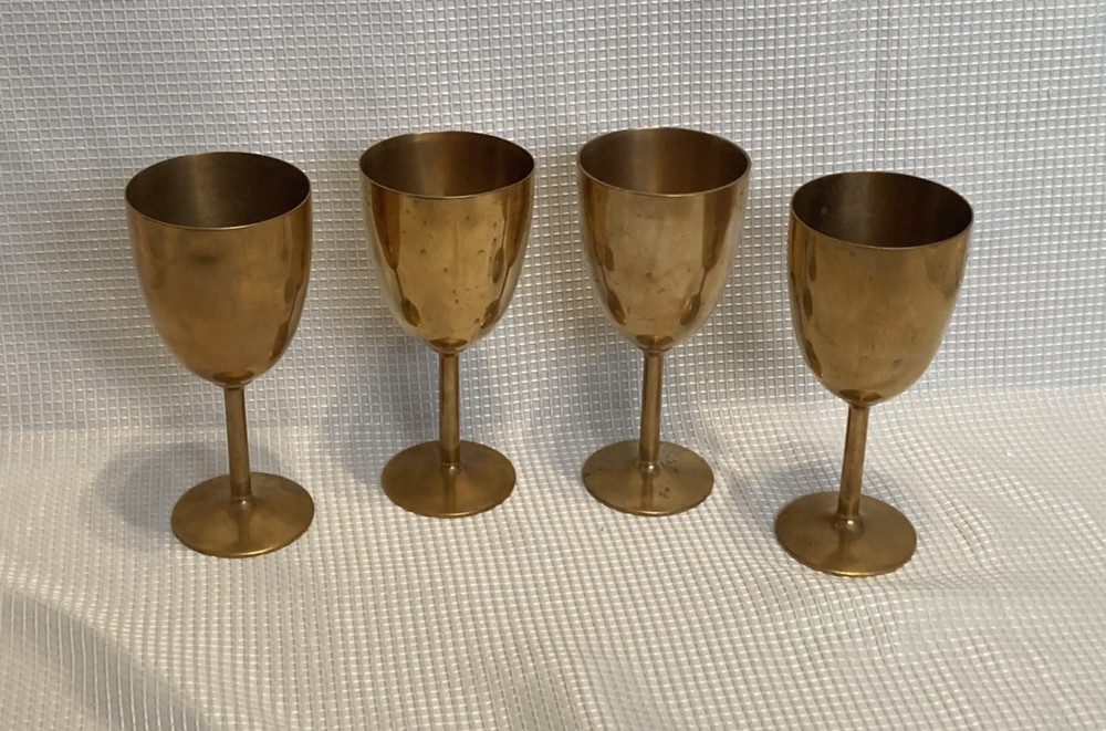 Vintage Gold Tone Metal Wine Goblets Set of 4 Stemmed Barware Glasses