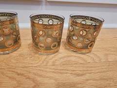 Vintage Mid Century 6 Culver Polka Dot Green Gold Embossed Low Ball Glasses Rare