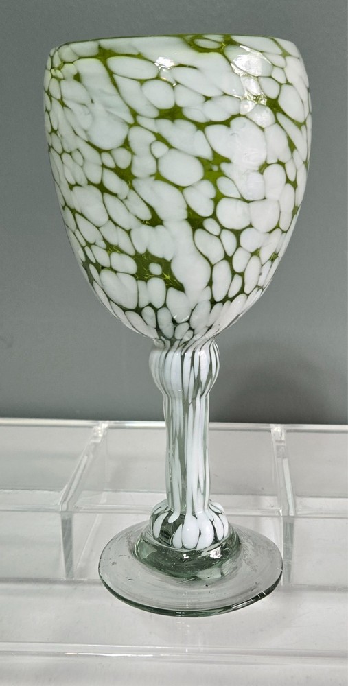 Hand Blown Glass Goblet Green w/White Confetti Large Heavy Mexico Nonsymmetrical