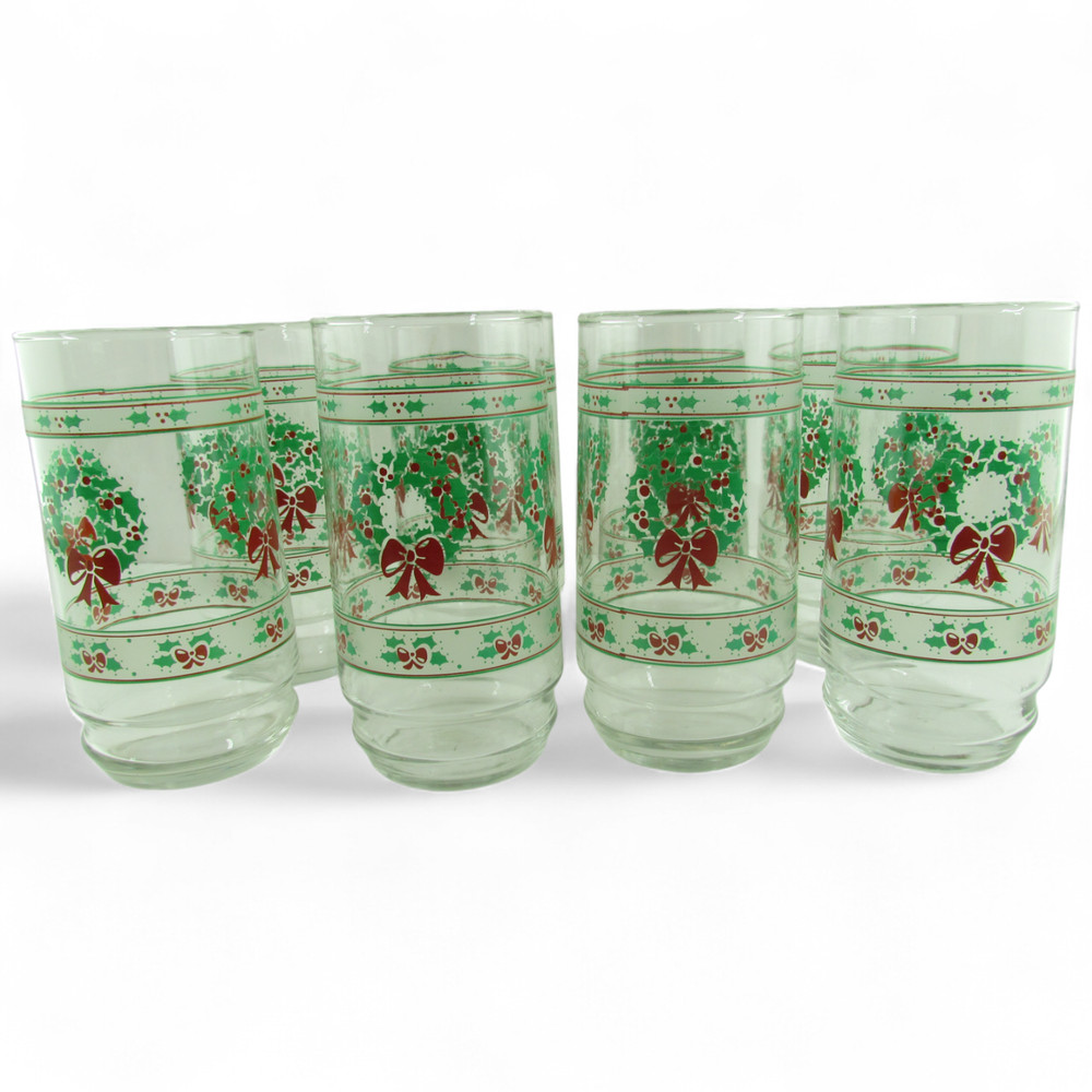 Vintage Christmas Wreath Glasses Set of 8 Holiday Tumblers Holly Bow 6″ Retro