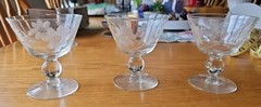 Crystal Etched Glass Sherbet Dishes Floral Design, Set of 3, 3.75″ Tall