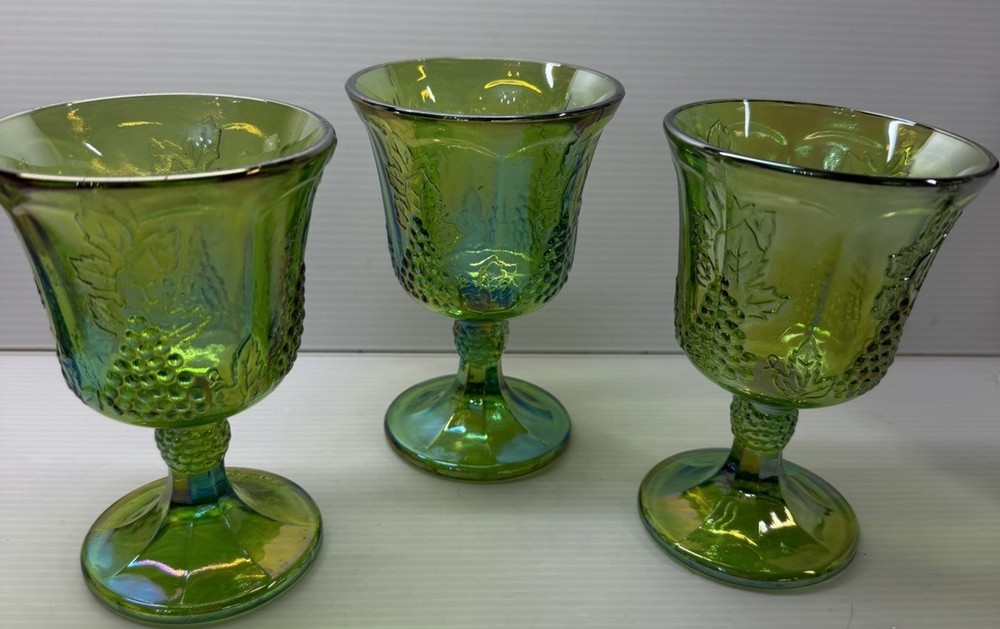 Indiana Carnival Glass Goblets Iridescent Green Harvest Grape 5 1/4” Lot Of 3