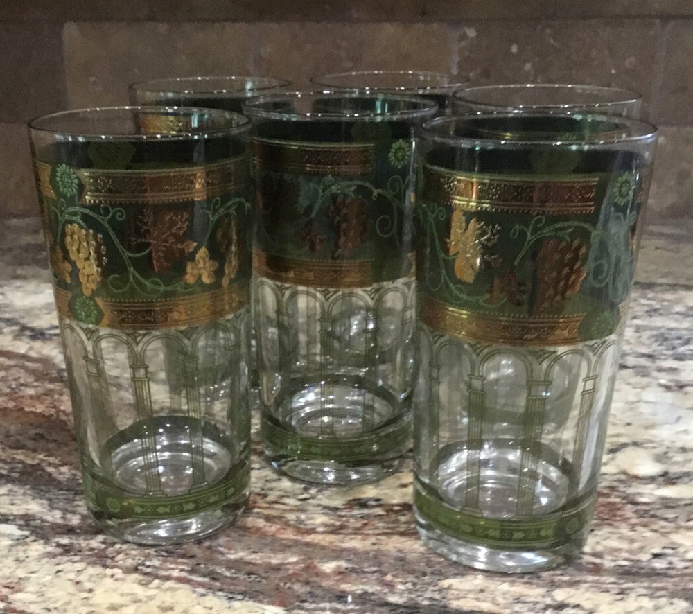 SIX(6) CORA GREEN GRAPES GOLD LEAVES PILLARS HIGH BALL TUMBLER GLASSES 5 3/4”T