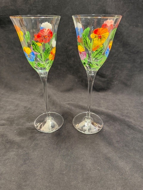 Royal Danube Hand-Painted 10″ Crystal Floral Goblets set of 2 Panseys
