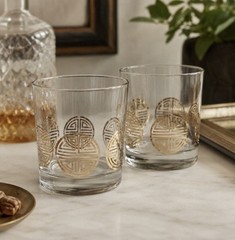 VTG Gold Geometric Rocks Glasses Set 2 MCM Lowball Tumblers 4″ Barware Cocktail