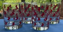 FOUR Vintage Cera Glass ‘Cardinals in the Snow’ Double Old Fashioned Tumblers