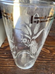 Large 6.5” Vintage Clear Glass Cup Vase – White Wheat W/ Greek Gold Around Top