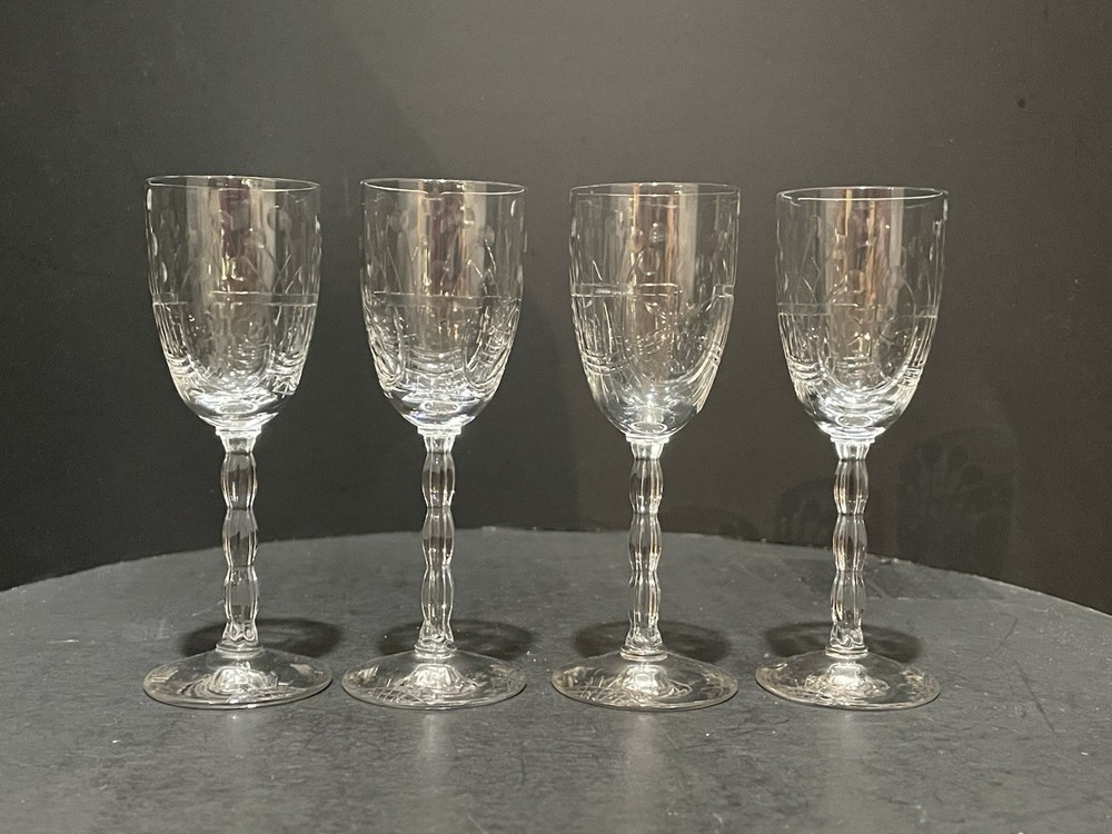 4 Etched Cordial Stemware Wavy Stem Optic Vintage 4 in Tall Footed Gift