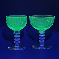 RARE Bryce 657 Uranium Cocktail Glasses Green Bowl Clear Stacked Disc Stem 1960s