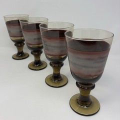 4 Vintage Libbey Glass Nova Brown Burgundy 7”Goblets Tall Drinking Glasses 14Oz.