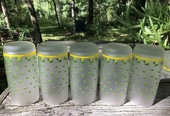 Frosted Yellow And Green Palm Tree Tumblers Set Of Five Vintage