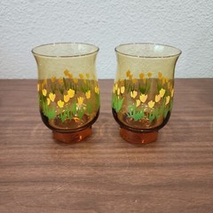 Vintage Libbey Drinking Glasses Smoke Amber with Yellow Tulips Floral Set of 2