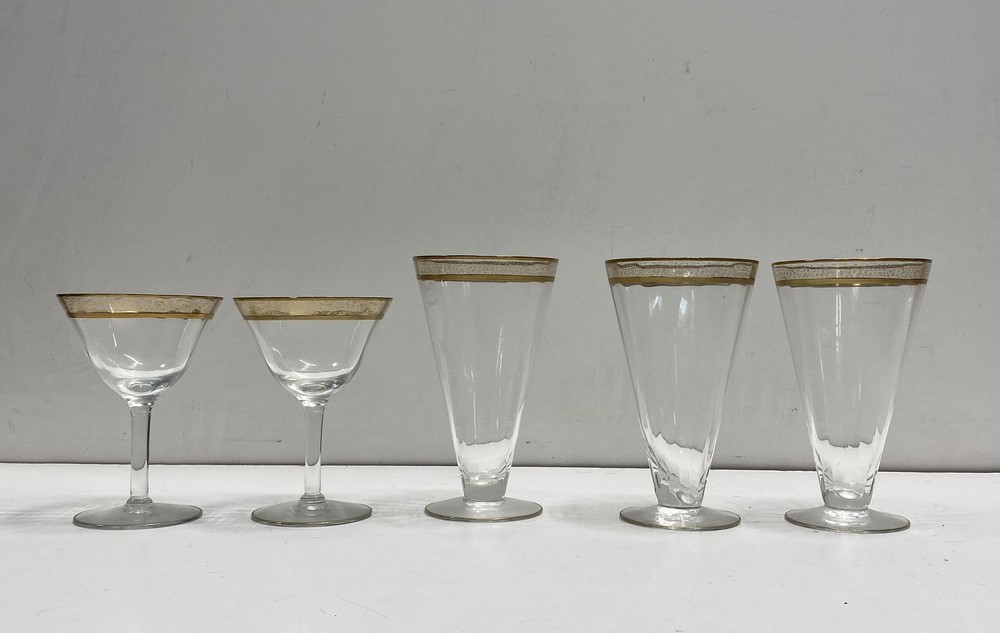 Vintage Glass Stemware Set 5pc Gold Rim Etched Scroll Cocktail Pilsner Lot