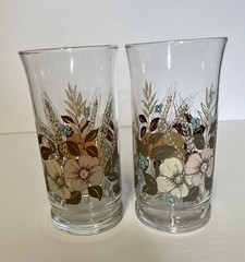Set Of 2 VTG Wheat & Flower Turquoise, Peach Tan Water Glasses Tumblers 10 oz