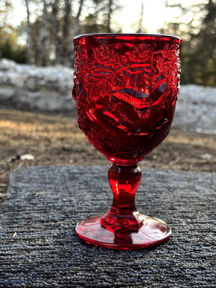 Vintage Ruby Red Goblet – Madonna Inn – Original Rose Pattern