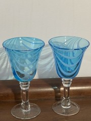 Hand Blown Glass Wine Water Goblets Blue Teal White Swirl Pattern Set of 2