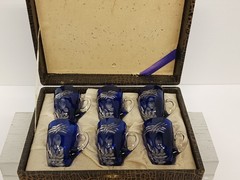 Vintage Cobalt Cut‑to‑Clear Crystal Demitasse Glasses-Boxed Set of 6–Bohemian