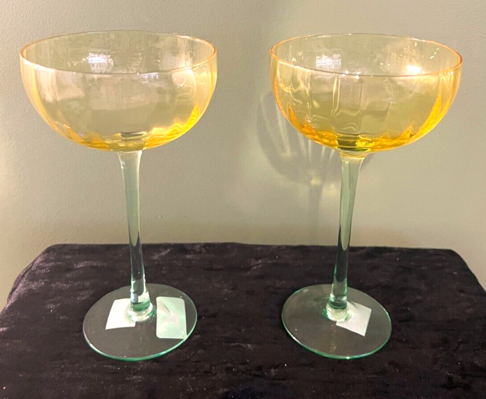 SET OF 2 YELLOW & GREEN STEMMED CRYSTAL CHAMPAGNE COUPES NEW
