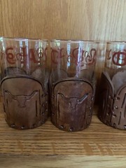 Libbey Bamco Western Highball Glasses 5″ Tooled Leather Sleeves Bull Cattle