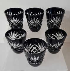 SIX AJKA/FABERGE NA ZDOROVYE BLACK CASED CUT TO CLEAR CRYSTAL VODKA SHOT GLASSES