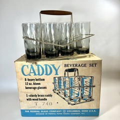 Vtg Federal Glass 9 pc Brass Caddy Beverage Set 8-12oz Smokey Grey Glasses MCM
