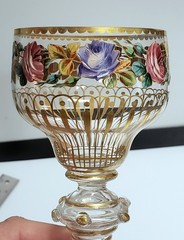 European Gilded Floral Painted Glass Wine Goblet Chalice Hocking Roemer