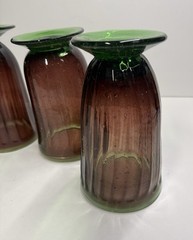 Set Of 4 Hand blown Purple Plum & Green Primitive Pedestal Bubble Glasses 5.75”