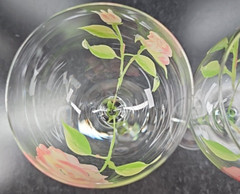 2 Block Vintage Rose Balloon Wine Glasses Mix Set Floral Hand Painted Flower Lot