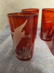 Vintage Anchor Hocking Ruby Red Royal Wild Geese And Cattails Tumbler Set Of 7