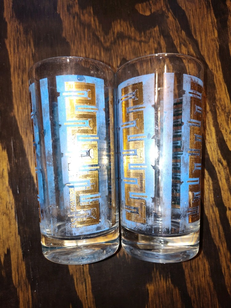 2 x Culver Georges Briard 22k Gold Greek Key Tumbler Drinks Glasses MCM Vintage