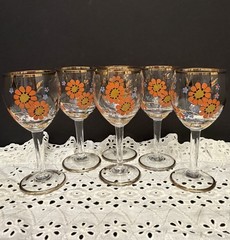 Vintage Hand-Painted Floral Cordial Glasses MCM Gold Accents