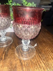 2 Vintage Indiana Glass Ruby Band Diamond Point 6-oz. Wine Goblets Mid-century