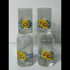 4 Vintage Corelle Sunsations Juice Glasses 7 oz Sunflower Blue Gingham