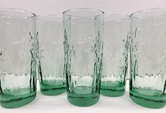 (5) Libbey Iris Spanish Green Tumblers Set Flower Embossed Textured Glasses Lot