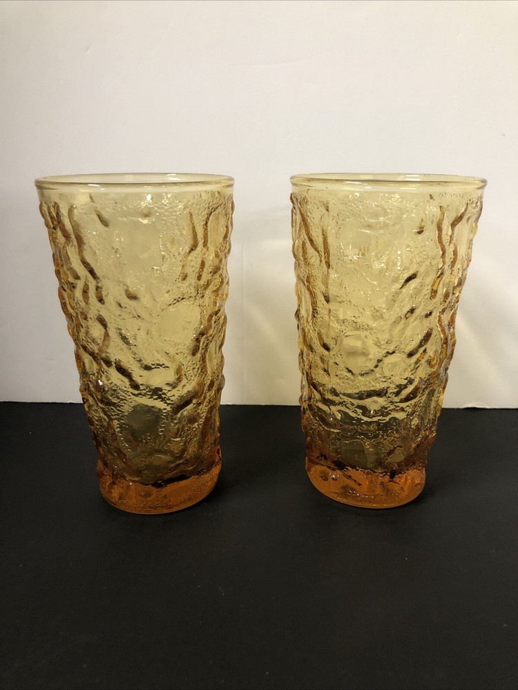 2 Vintage Anchor Hocking Lido Milano Amber Honey Gold 12 oz Tumbler Glasses