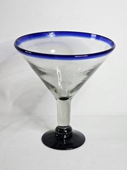 Aztecas Design Mexican Hand Blown Blue Rim Martini Margarita Cocktail Glass 7.5″