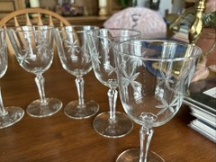 9 Libbey Rock Sharpe Candlelight Cut Atomic Star Stem 7” Water Goblet(s) MCM EUC