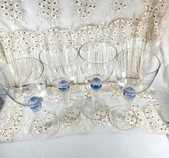 VGT 4 Art Glass MCM Danish Water Goblets Cobalt Blue Bubble Stem 8.5″H