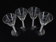 Beautiful Antique Air Twist Stem & Etched Glass Stemware: 4 Cordial Glasses