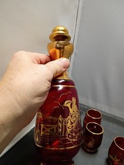 Red Glass Murano Gold Trim Bottle W/Five Glasses Courting Couple Venetian Attire