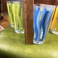 Set of 5 Vintage Libby Striped Glass Wavy Blue Green Yellow 5.5” High Glasses
